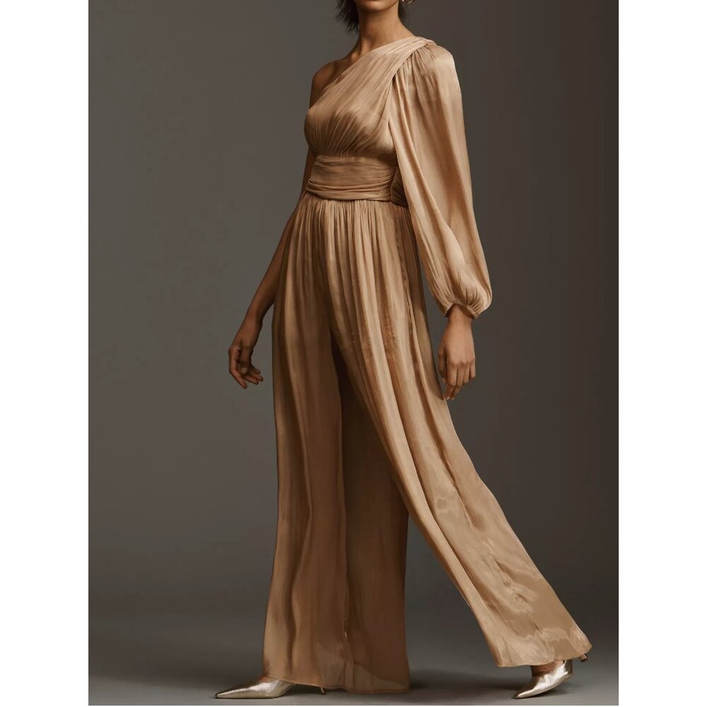 By Anthropologie One-Shoulder Metallic Jumpsuit Gold Size 4